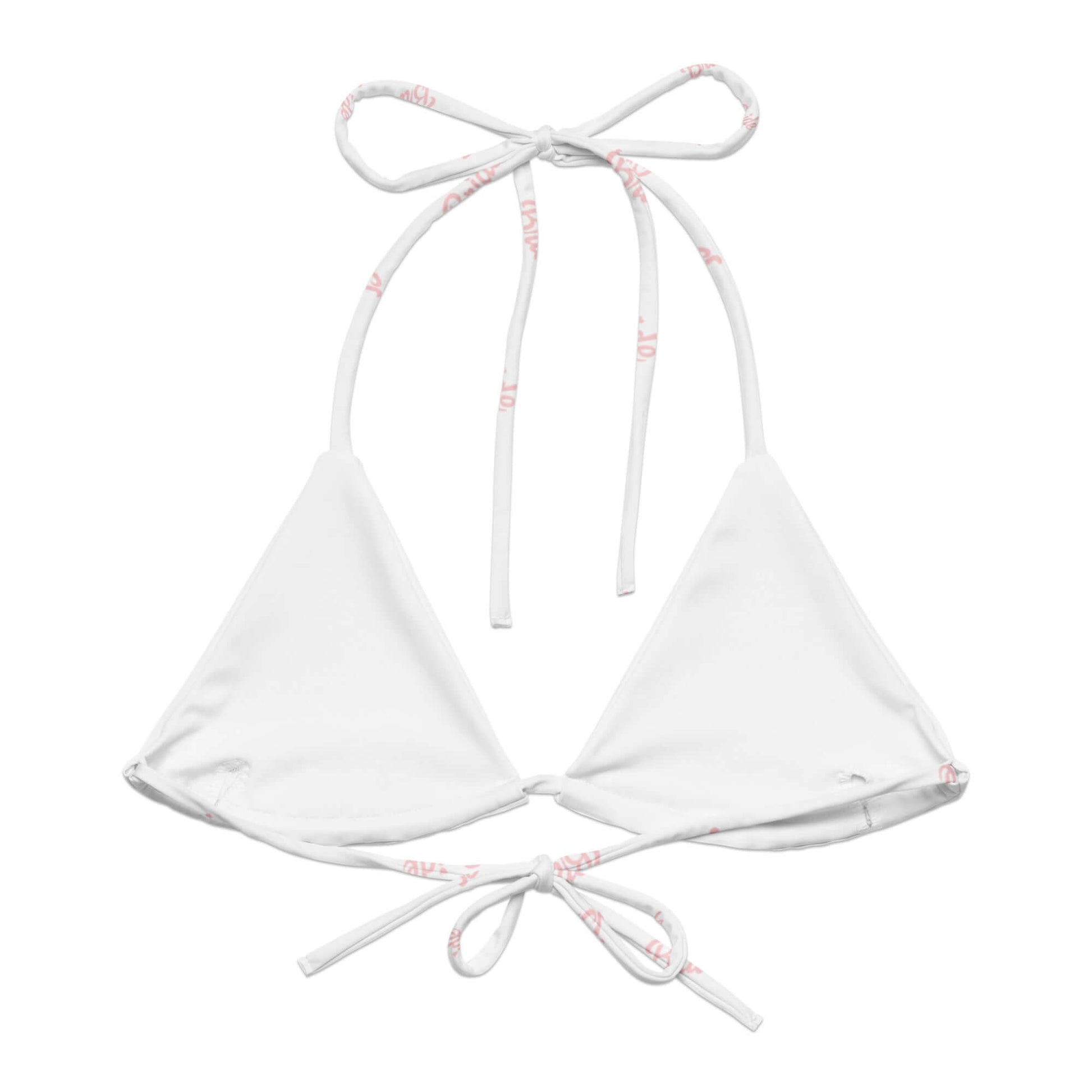Bikini top bianco con lacci, scritta 'Bride' rosa, ideale per la sposa moderna e momenti speciali.