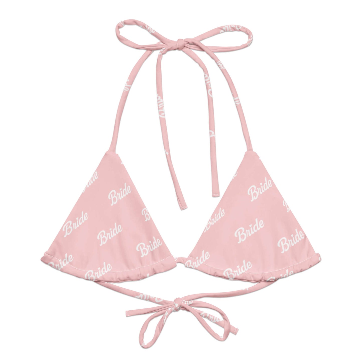 Bikini top rosa con scritta "Bride" adatta per la sposa moderna, chic e sostenibile.