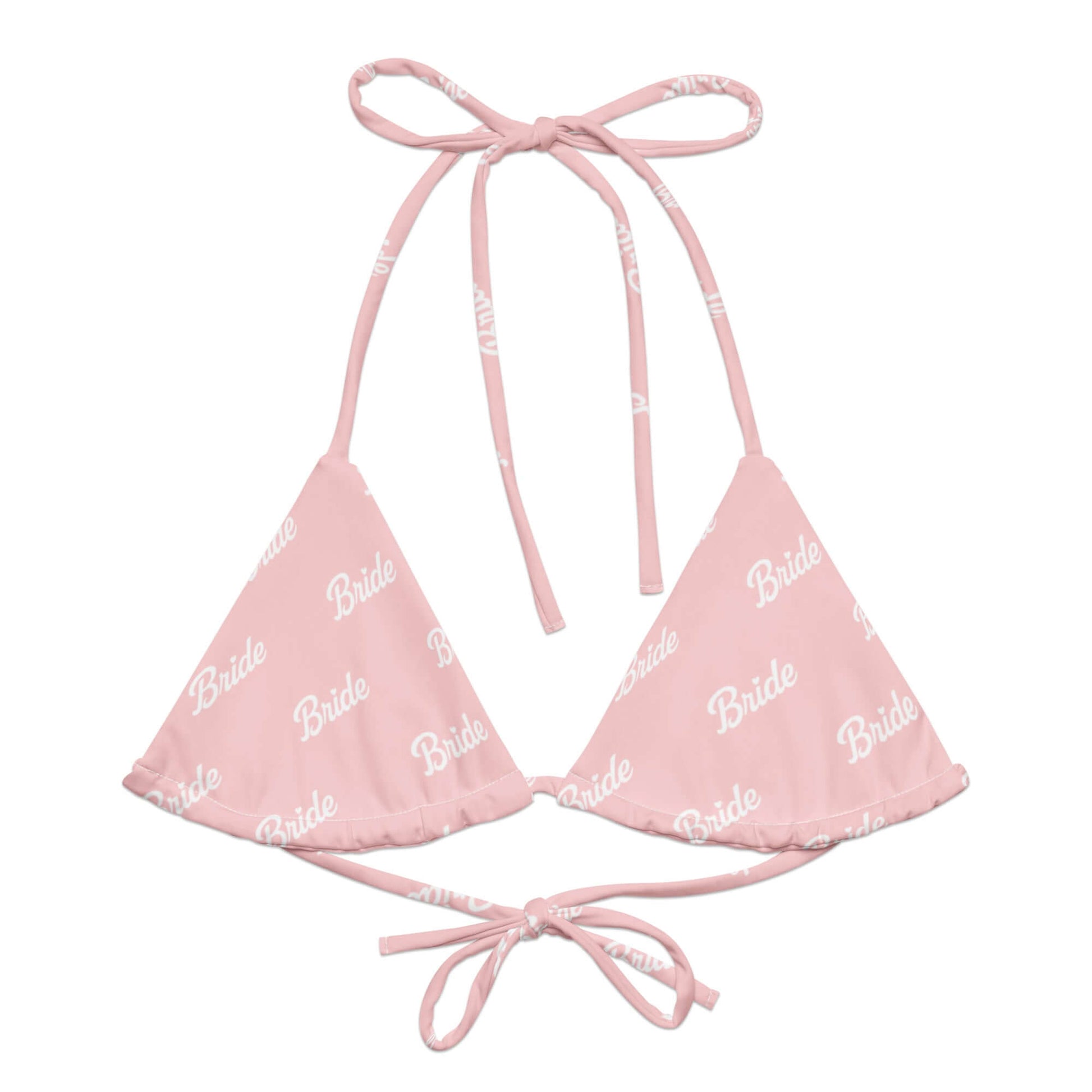 Bikini top rosa con scritta "Bride" adatta per la sposa moderna, chic e sostenibile.