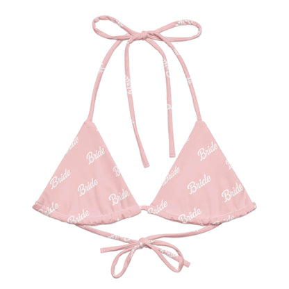 Bikini top rosa con scritta "Bride" adatta per la sposa moderna, chic e sostenibile.