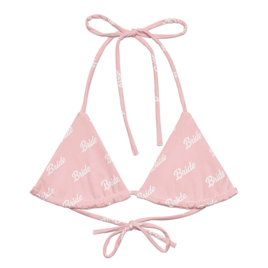 Bikini top rosa con scritta "Bride" adatta per la sposa moderna, chic e sostenibile.