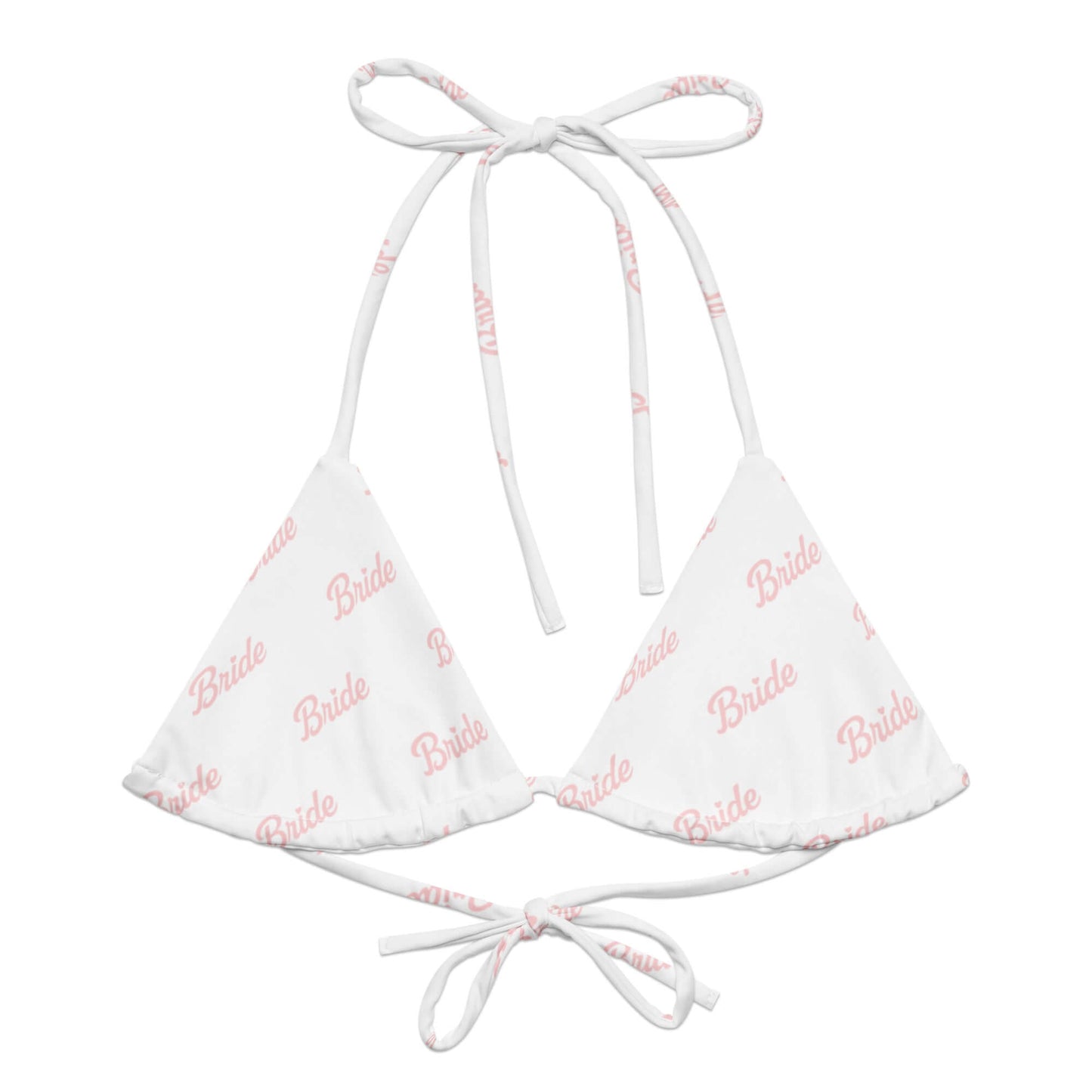 Bikini top Bride bianco con stampa rosa, trendy e ecosostenibile per la sposa moderna.