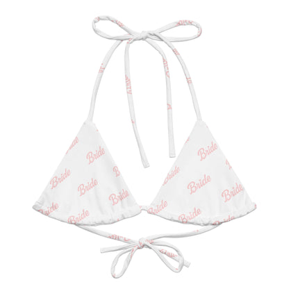 Bikini top Bride bianco con stampa rosa, trendy e ecosostenibile per la sposa moderna.