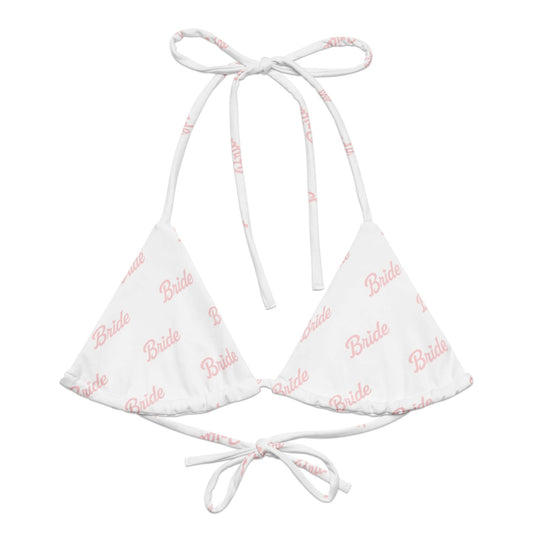 Bikini top Bride bianco con stampa rosa, trendy e ecosostenibile per la sposa moderna.