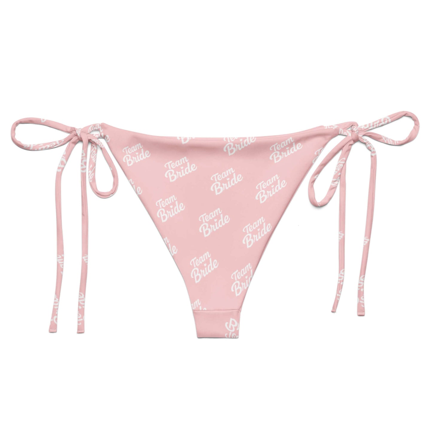 Slip bikini rosa con lacci e scritta "Team Bride" per feste di addio al nubilato.