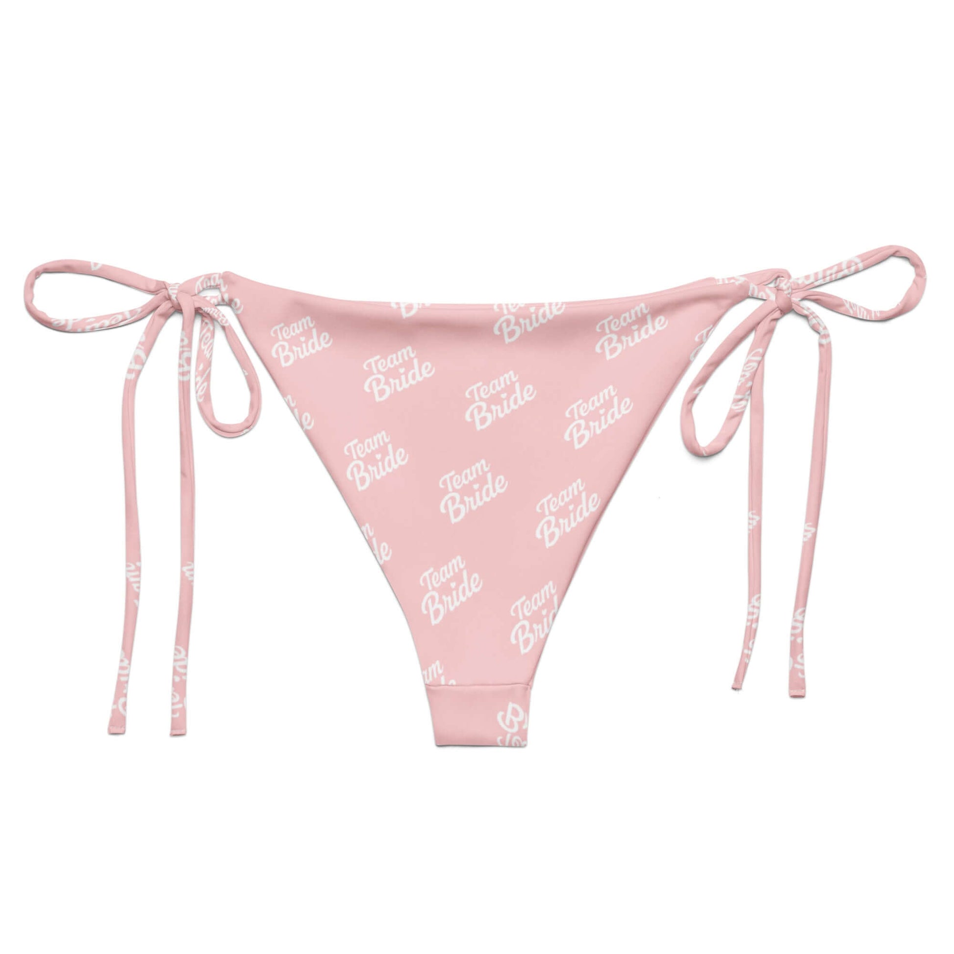 Slip bikini rosa con lacci e scritta "Team Bride" per feste di addio al nubilato.