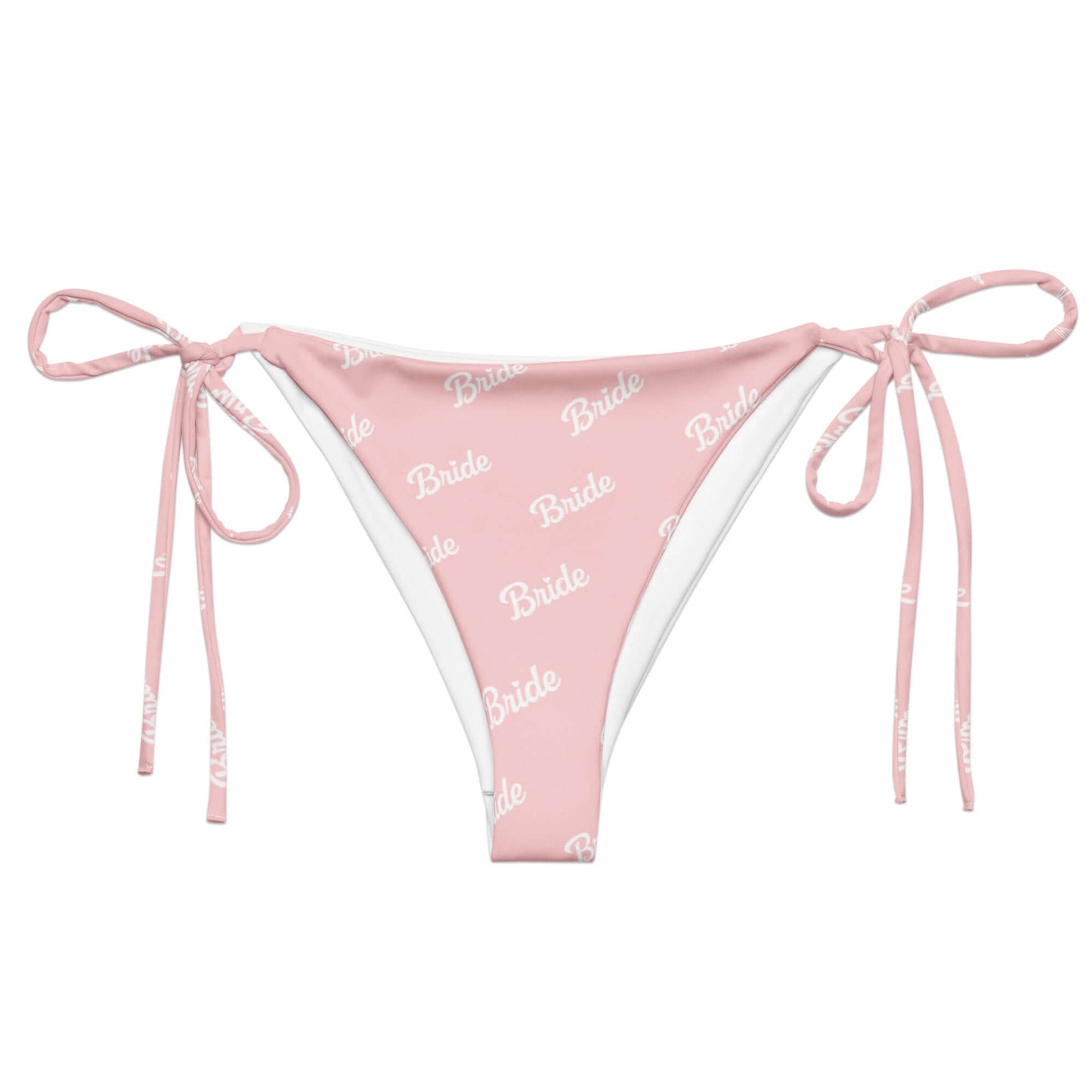 Slip bikini rosa con scritta "Bride", design ecosostenibile con lacci per momenti speciali.