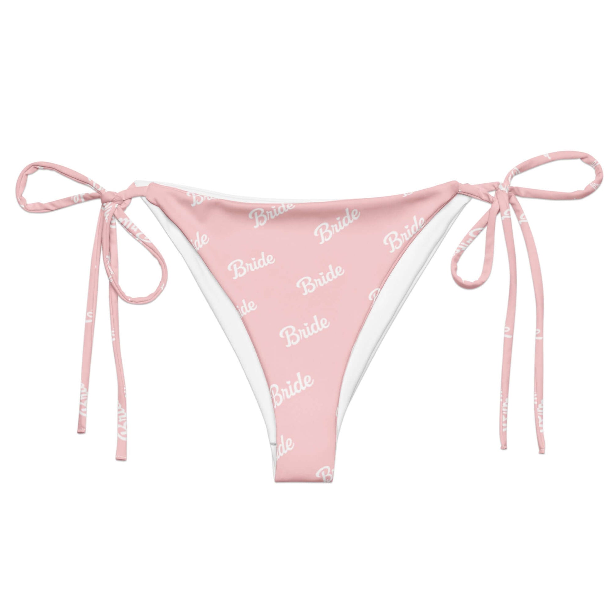 Slip bikini rosa con scritta "Bride", design ecosostenibile con lacci per momenti speciali.