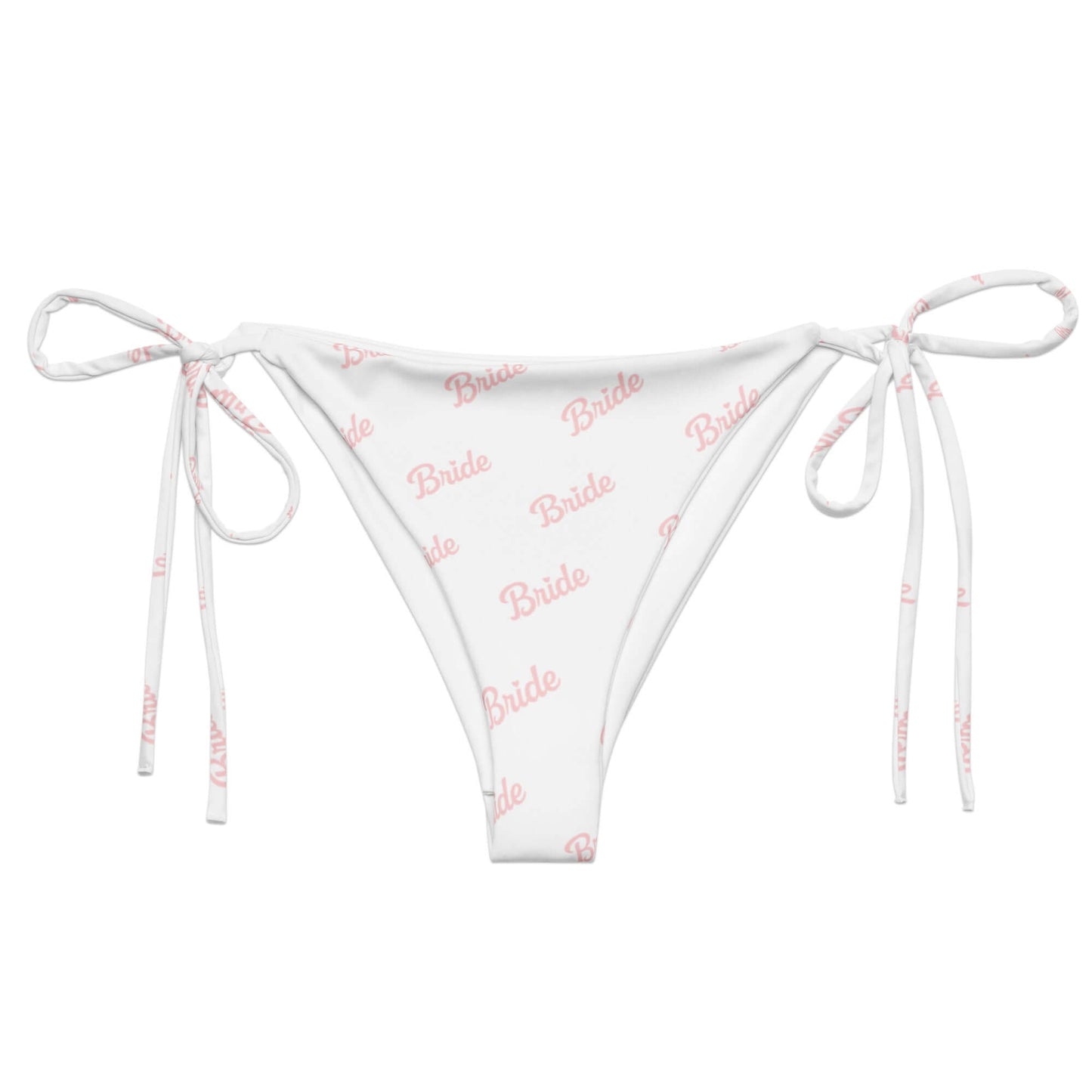 Slip bikini bianco con scritta rosa "Bride" e lacci, perfetto per momenti speciali e addii al nubilato.