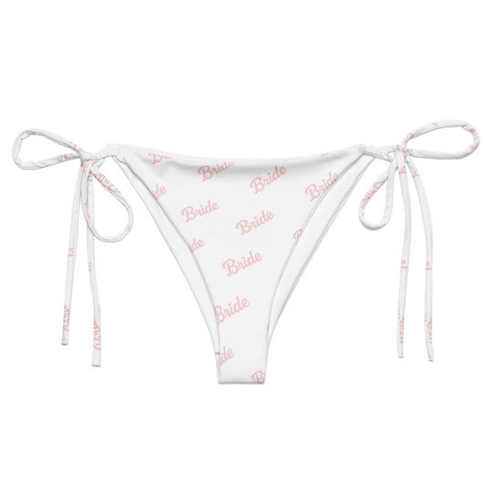 Slip bikini bianco con scritta rosa "Bride" e lacci, perfetto per momenti speciali e addii al nubilato.