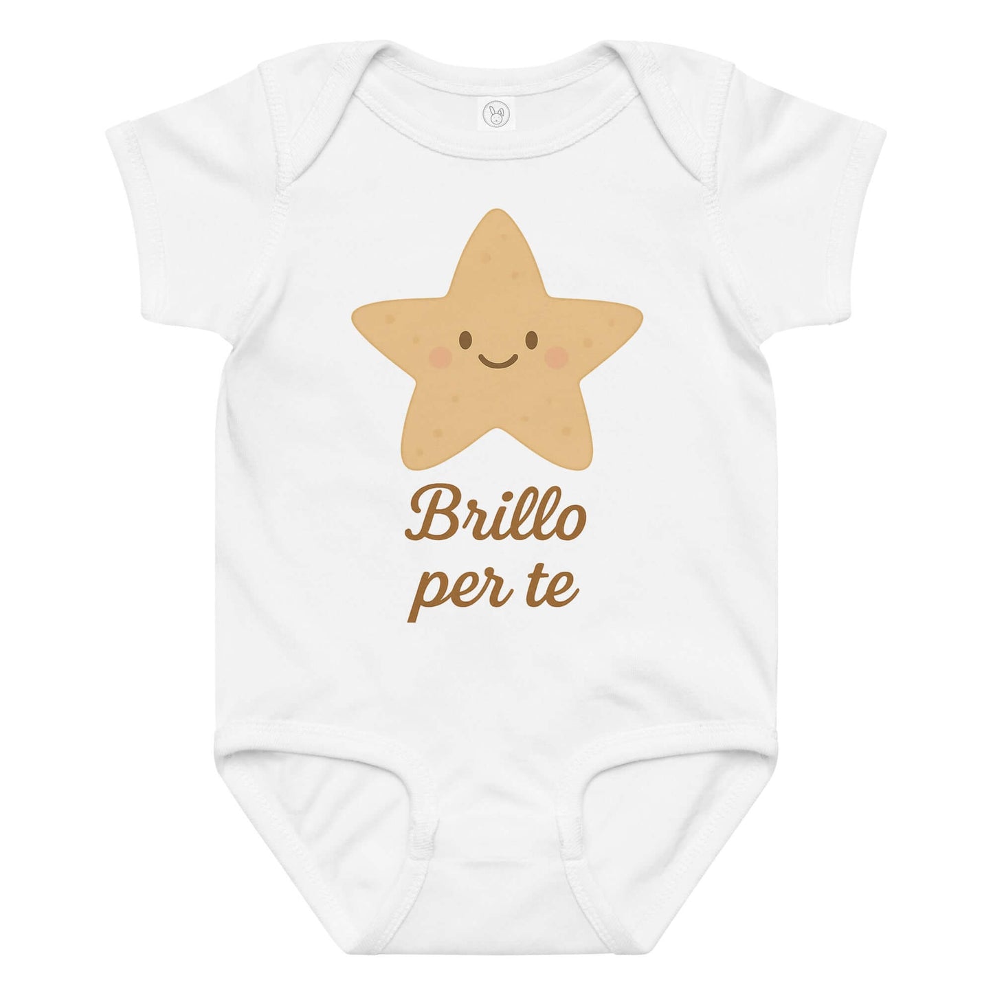 Vista frontale del body neonato bianco con illustrazione di una stella marina e scritta “Brillo per te” sul petto.