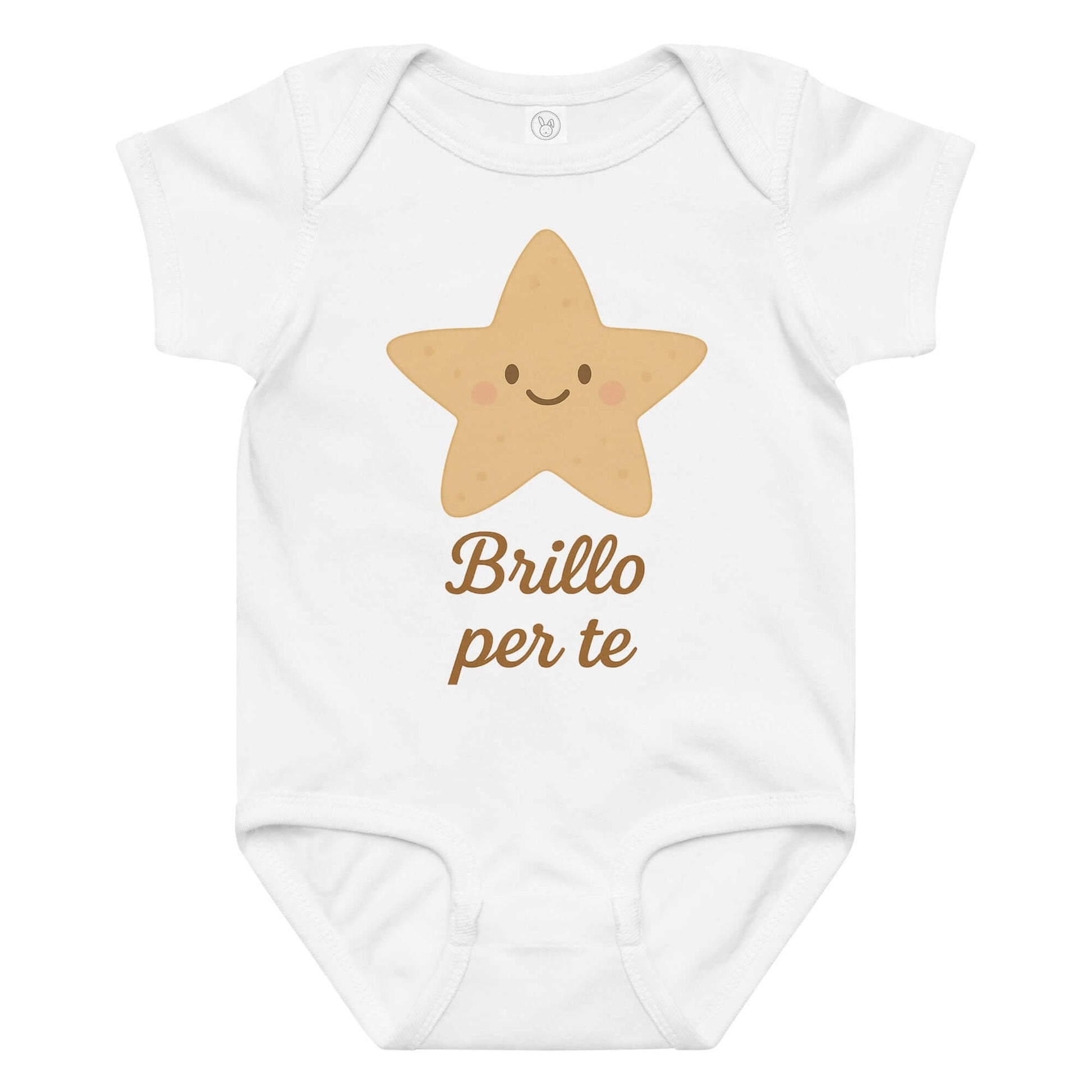 Vista frontale del body neonato bianco con illustrazione di una stella marina e scritta “Brillo per te” sul petto.