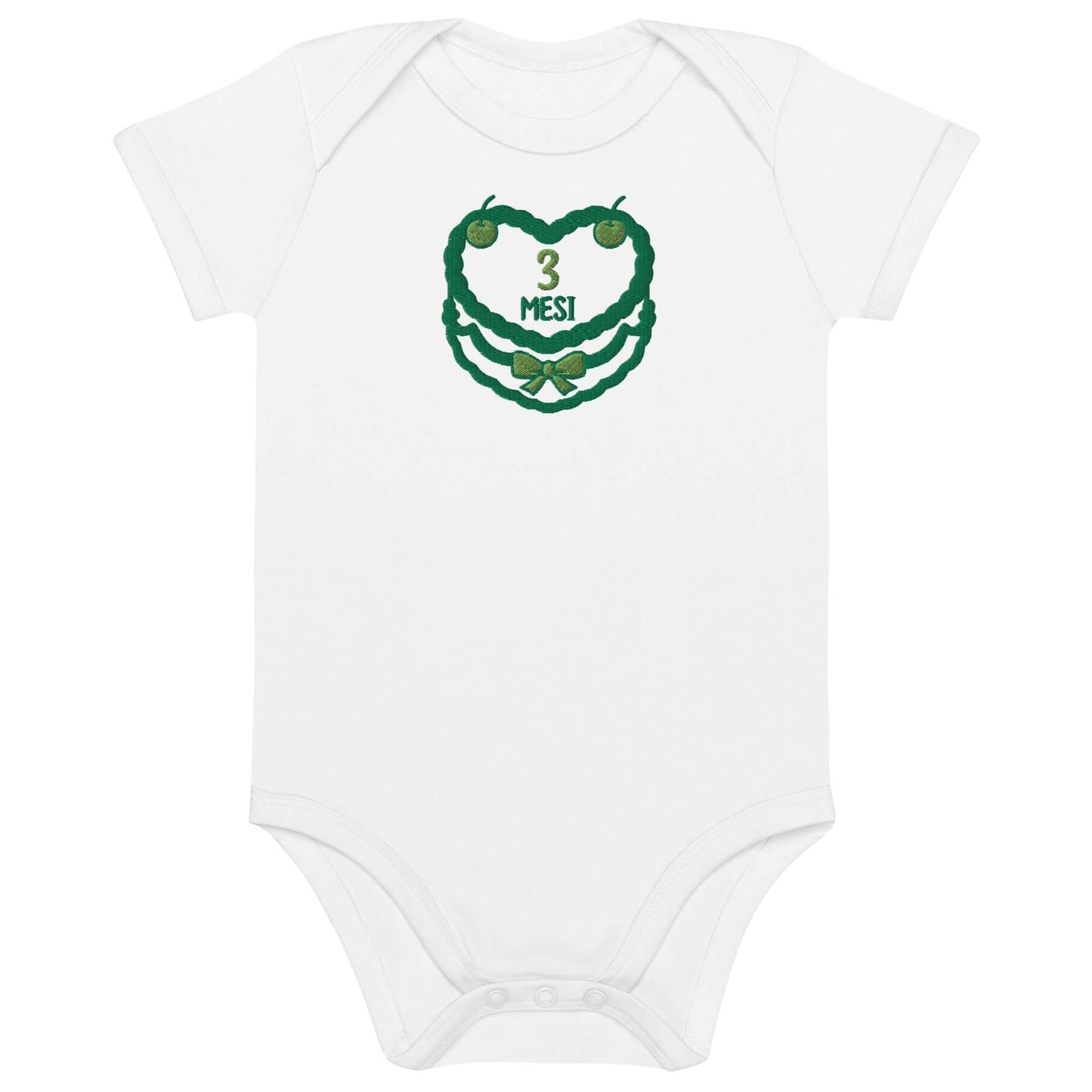 Body neonato bianco con ricamo verde '3 mesi' per celebrare il compleanno del bimbo.