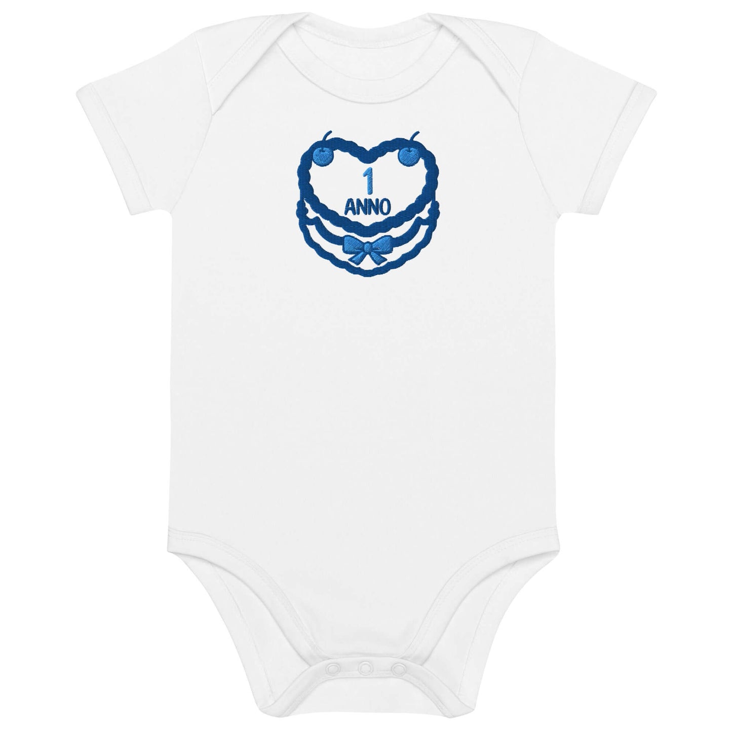 Body neonato bianco con ricamo "1 ANNO" in blu, ideale per festeggiare il primo compleanno.