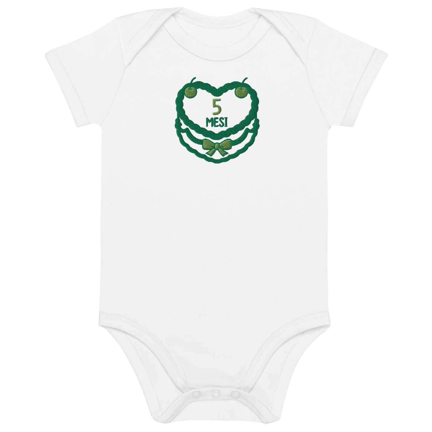 Body neonato bianco con ricamo '5 mesi' in verde, ideale per celebrare ogni compleanno del primo anno.