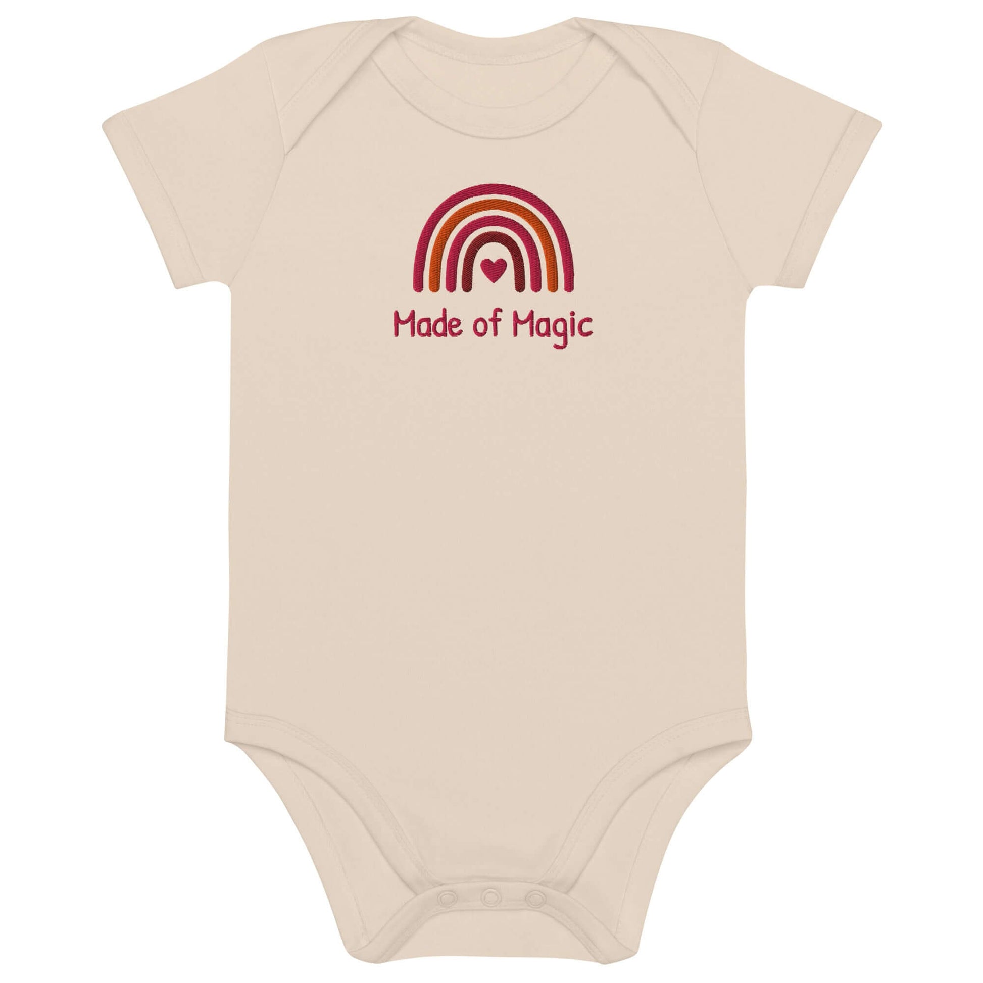 Body neonato personalizzato in cotone con arcobaleno ricamato e scritta "Made of Magic"