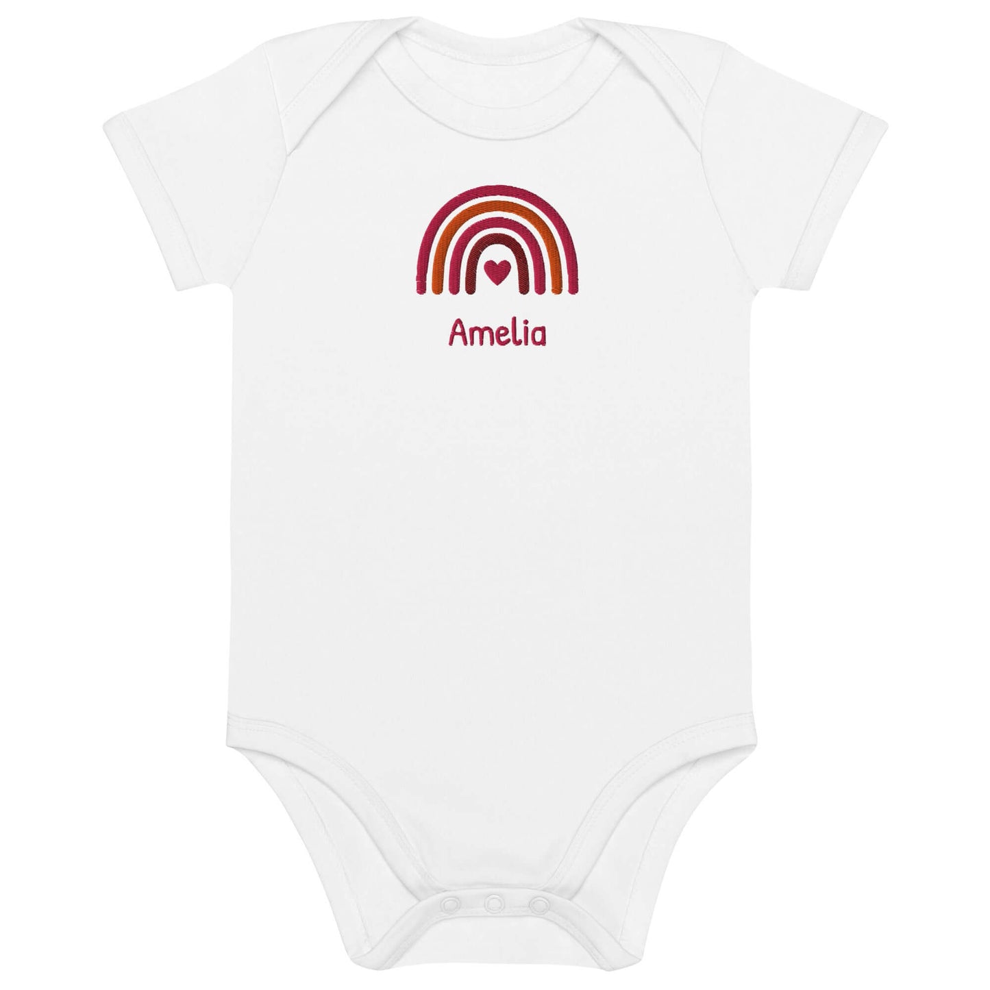 Body neonato personalizzato bianco con arco e nome "Amelia" ricamato, in cotone organico.