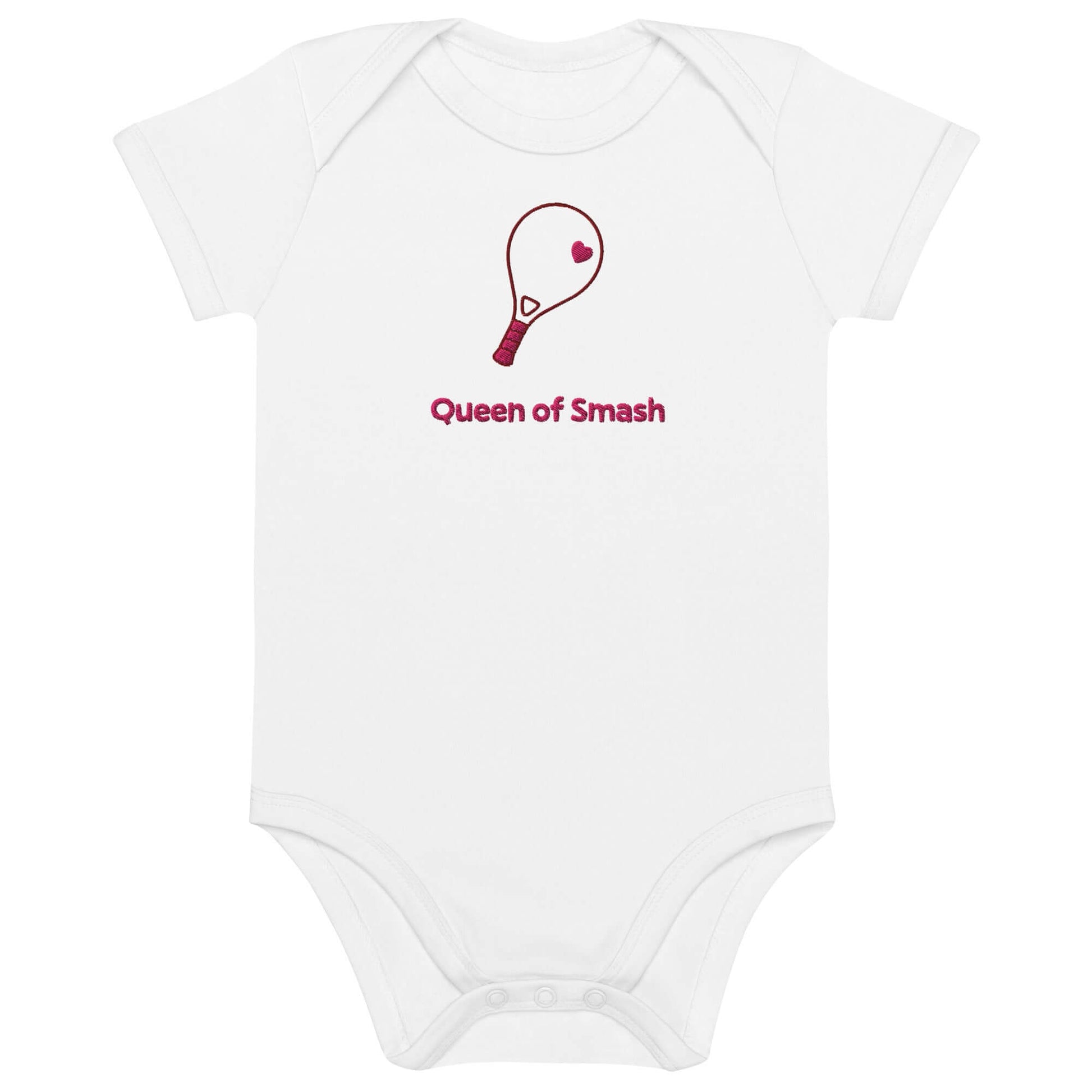 Body neonato personalizzato per bimba in cotone organico con ricamo racchetta da padel e scritta 'Queen of Smash'.