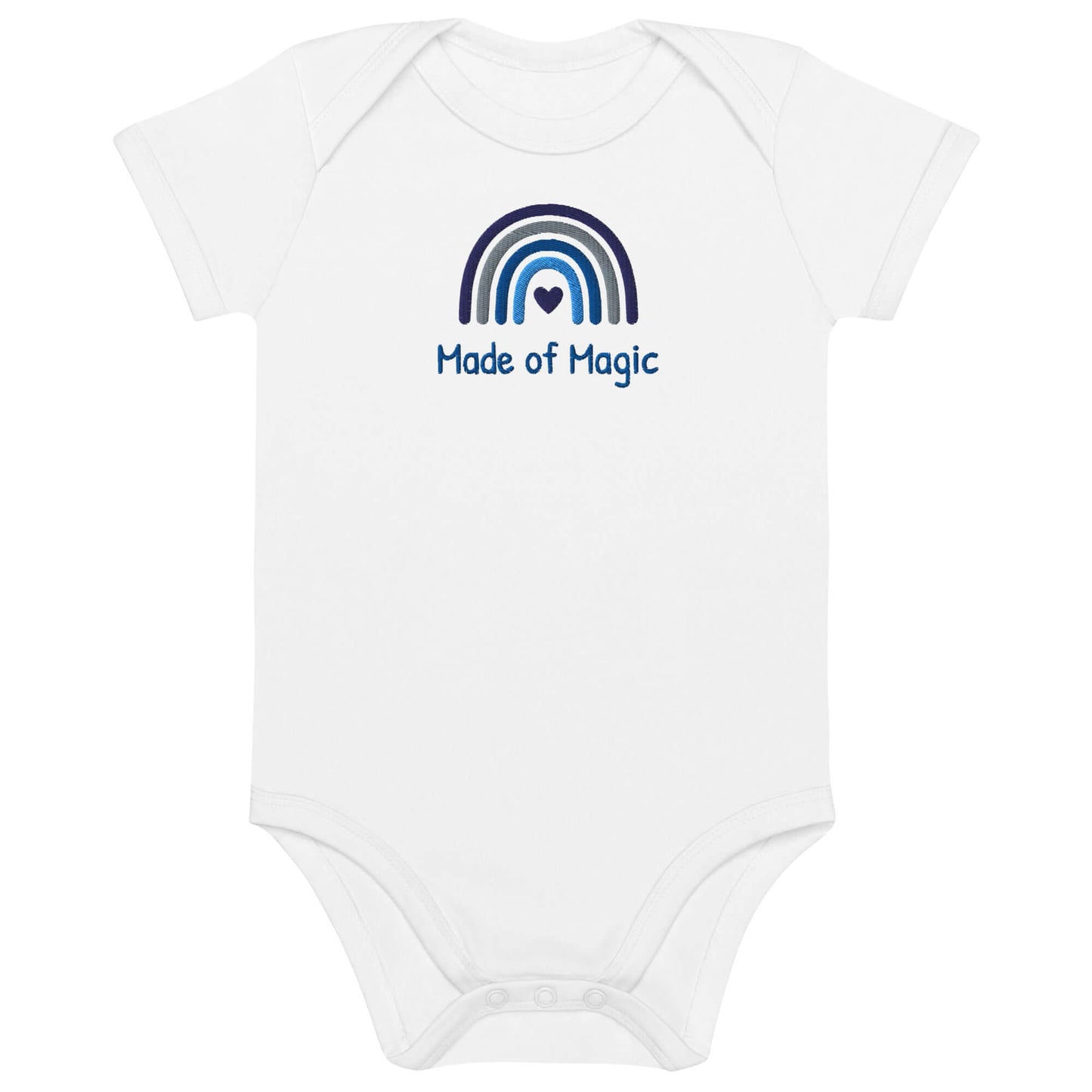 Body neonato personalizzato in cotone bianco con ricamo arcobaleno 'Made of Magic' per bimbo.