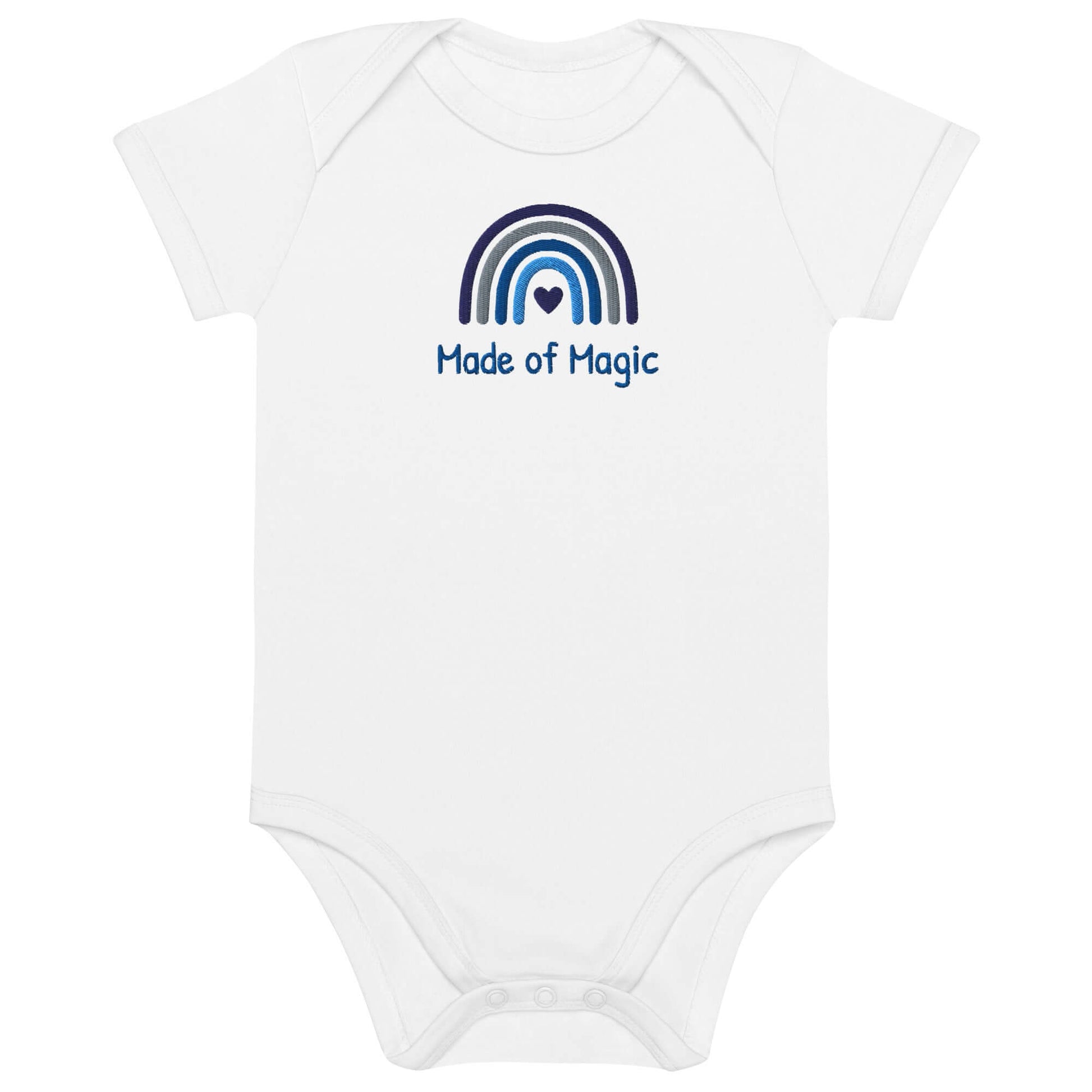 Body neonato personalizzato in cotone bianco con ricamo arcobaleno 'Made of Magic' per bimbo.