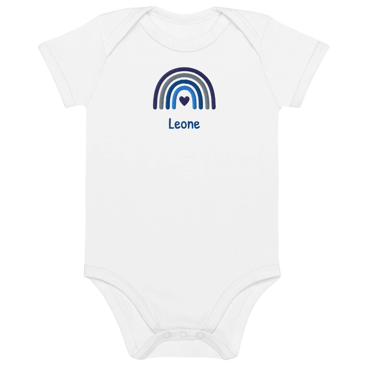 Body neonato personalizzato in cotone organico con arcobaleno e nome Leone per bimbo.