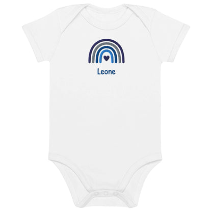 Body neonato personalizzato in cotone organico con arcobaleno e nome Leone per bimbo.