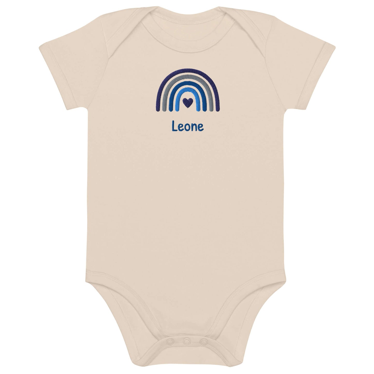 Body neonato personalizzato in cotone organico con ricamo arcobaleno e nome Leone per bimbo.