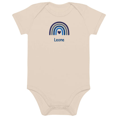 Body neonato personalizzato in cotone organico con ricamo arcobaleno e nome Leone per bimbo.
