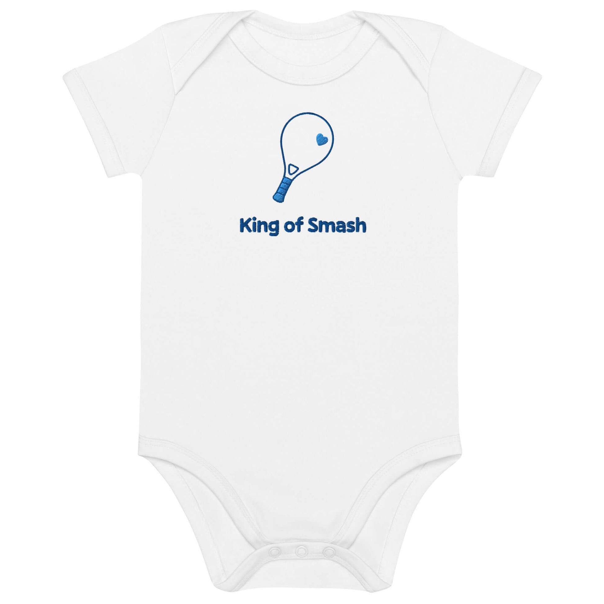 Body neonato personalizzato bianco con ricamo racchetta da padel e scritta 'King of Smash'.