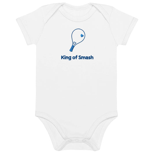 Body neonato personalizzato bianco con ricamo racchetta da padel e scritta 'King of Smash'.
