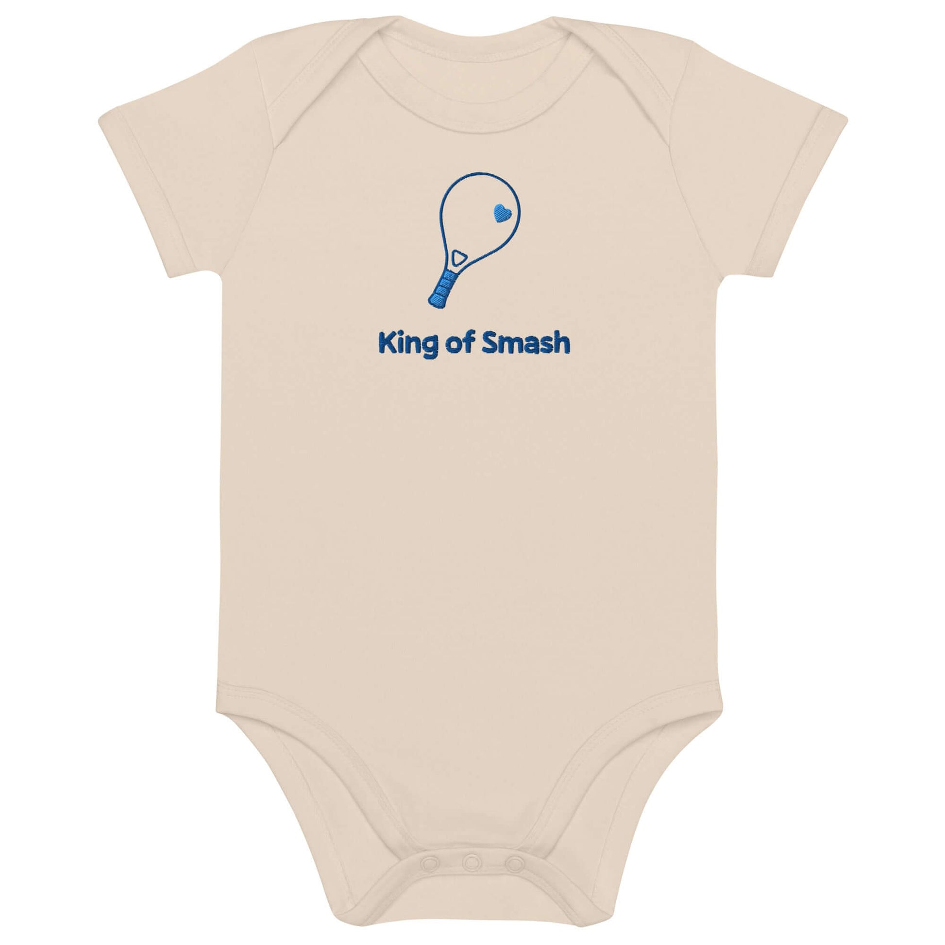 Body neonato personalizzato in cotone organico con ricamo racchetta da padel, perfetto per bimbo sportivo.