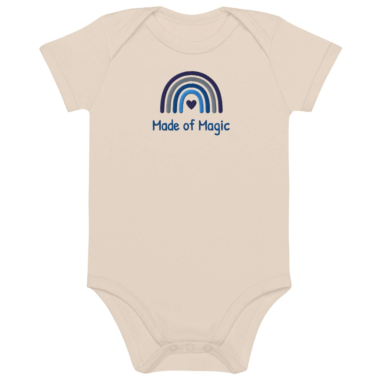 Body neonato personalizzato con arcobaleno e scritta 'Made of Magic', in cotone organico per bimbo.