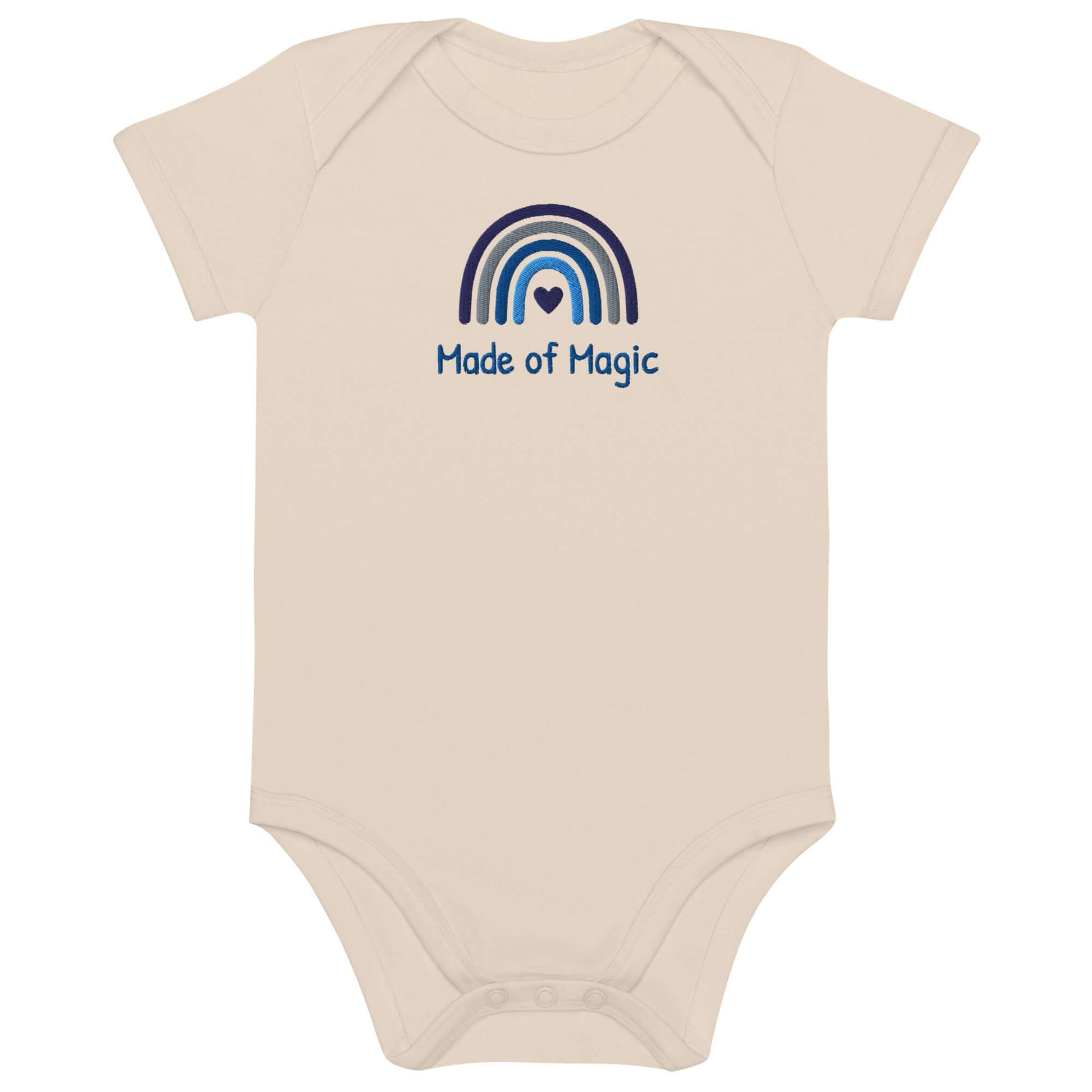 Body neonato personalizzato con arcobaleno e scritta 'Made of Magic', in cotone organico per bimbo.