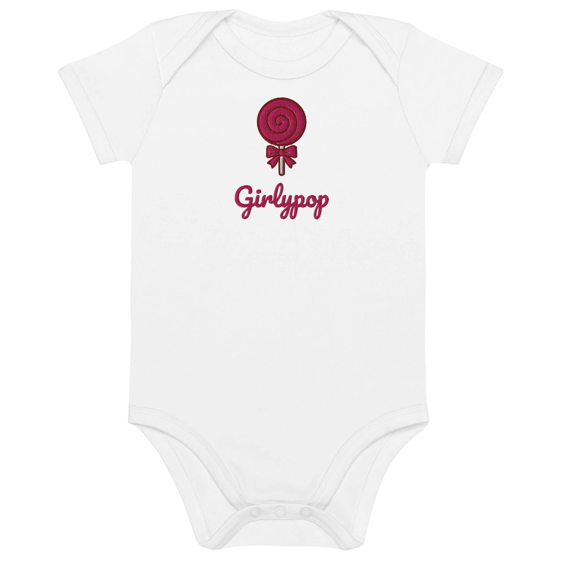 Body neonato ricamato "Girlypop" con lecca-lecca, in cotone organico, stile unico e ironico.