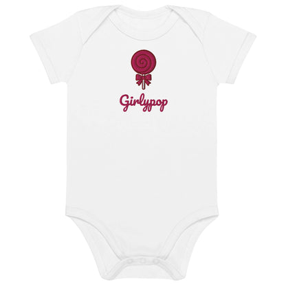 Body neonato ricamato "Girlypop" con lecca-lecca, in cotone organico, stile unico e ironico.