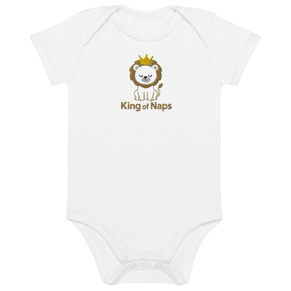 Body neonato bianco "King of Naps" con leoncino ricamato e corona per bebè, simbolo di dolcezza e regalità.