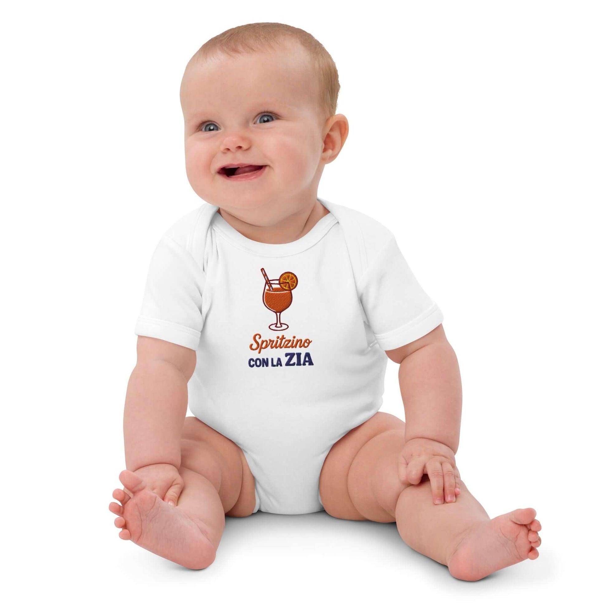 Body neonato zia con ricamo Spritz, in cotone bianco, con design divertente e fresco.