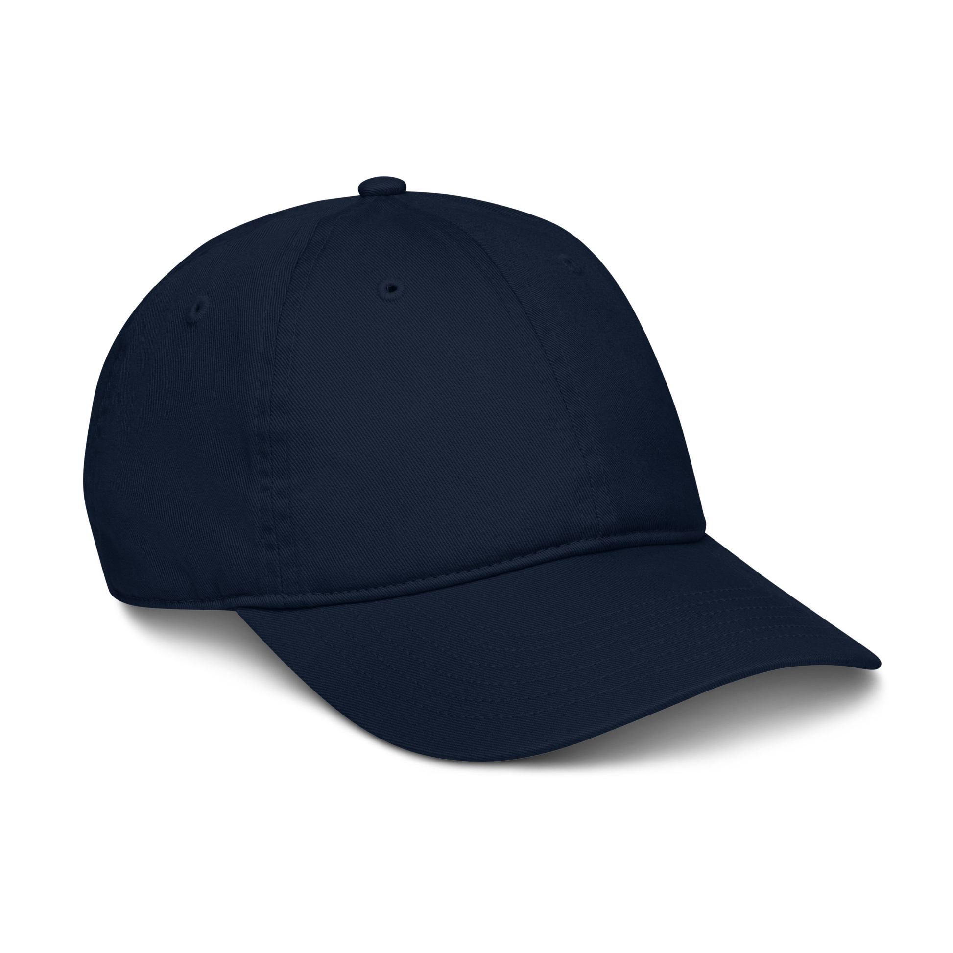 Cappellino ricamato in tessuto organico, blu scuro, con visiera curva e regolazione, per uno stile sostenibile.