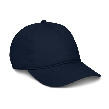 Cappellino ricamato in tessuto organico, blu scuro, con visiera curva e regolazione, per uno stile sostenibile.