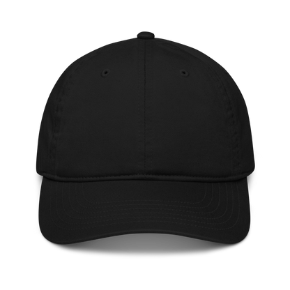 Cappellino baseball ricamato personalizzato in tessuto organico, color nero, con visiera curva e design classico.