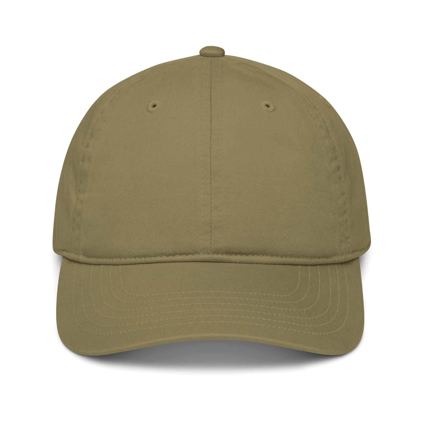 Cappellino ricamato personalizzato in tessuto organico di colore khaki con visiera curva.