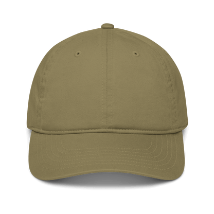Cappellino ricamato personalizzato in tessuto organico di colore khaki con visiera curva.
