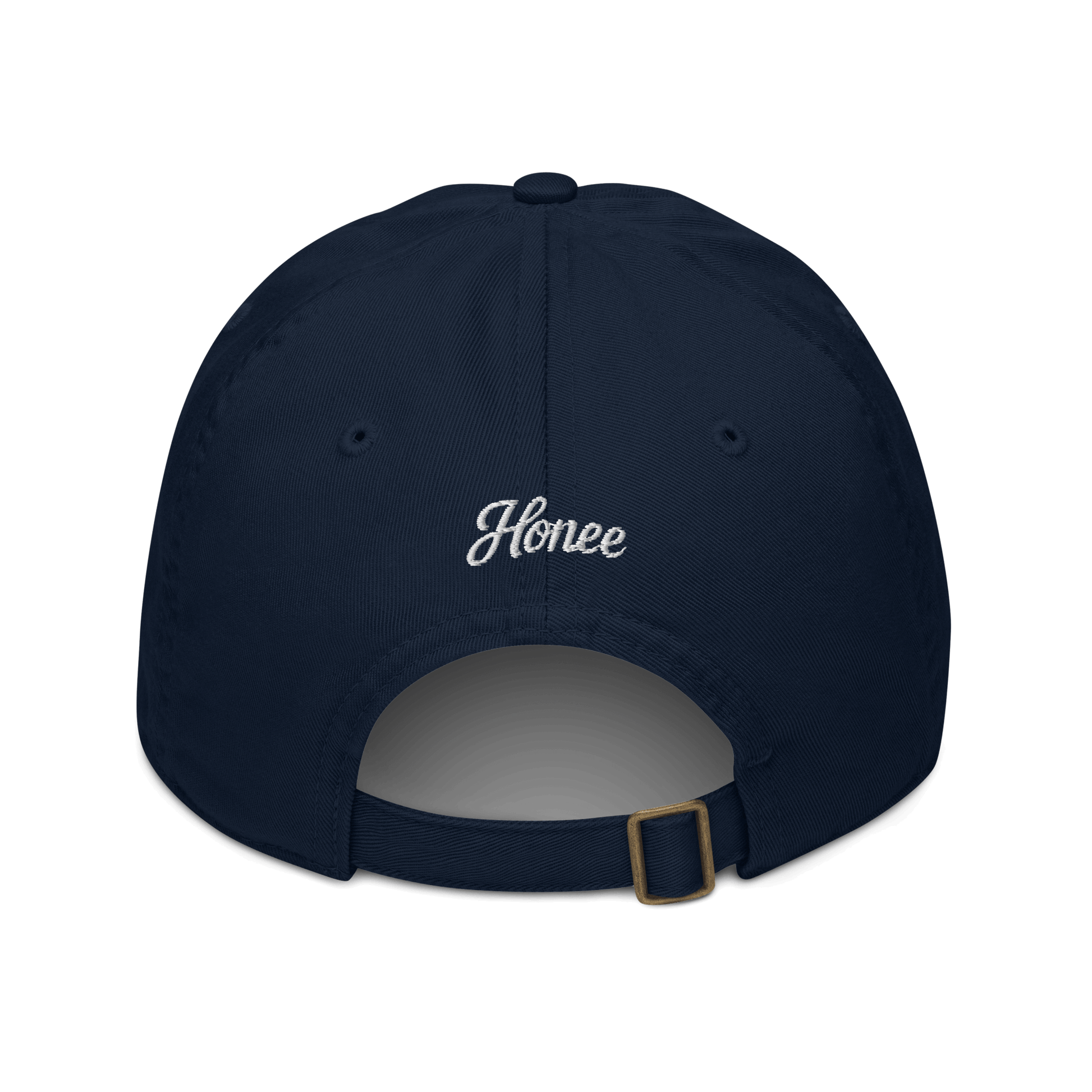 Cappellino ricamato personalizzato in tessuto organico, retro con scritta 'Honee', design classico e regolabile.