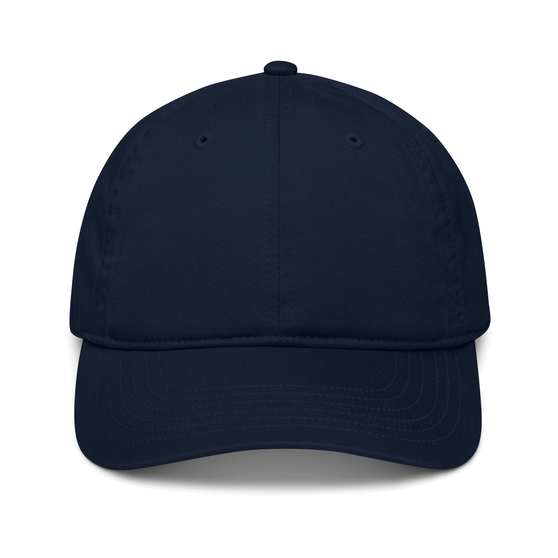 Cappellino ricamato in tessuto organico di colore blu, con visiera curva e struttura classica.