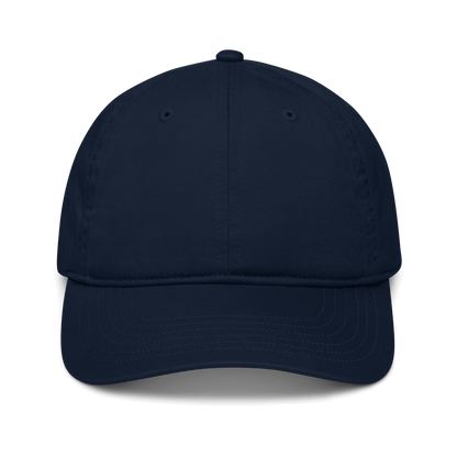 Cappellino ricamato in tessuto organico di colore blu, con visiera curva e struttura classica.