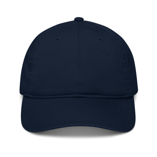 Cappellino ricamato in tessuto organico di colore blu, con visiera curva e struttura classica.
