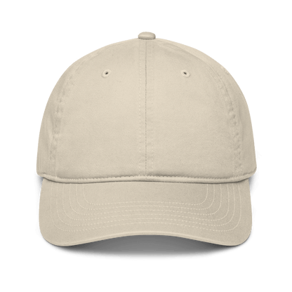 Cappellino ricamato personalizzato in tessuto organico, colore beige, con visiera curva.