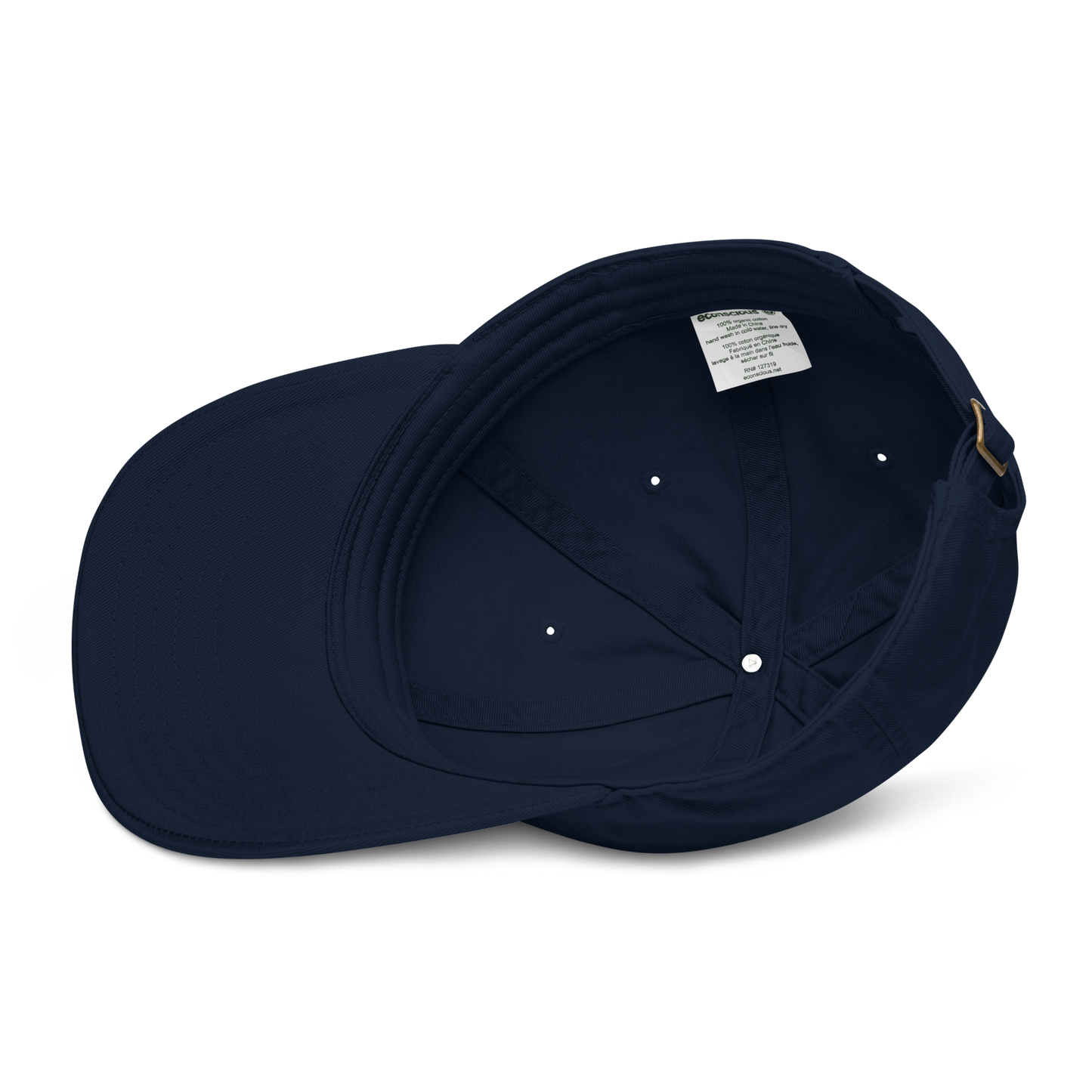 Cappellino ricamato personalizzato in tessuto organico, vista interna, colore blu navy.