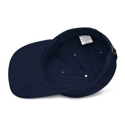 Cappellino ricamato personalizzato in tessuto organico, vista interna, colore blu navy.