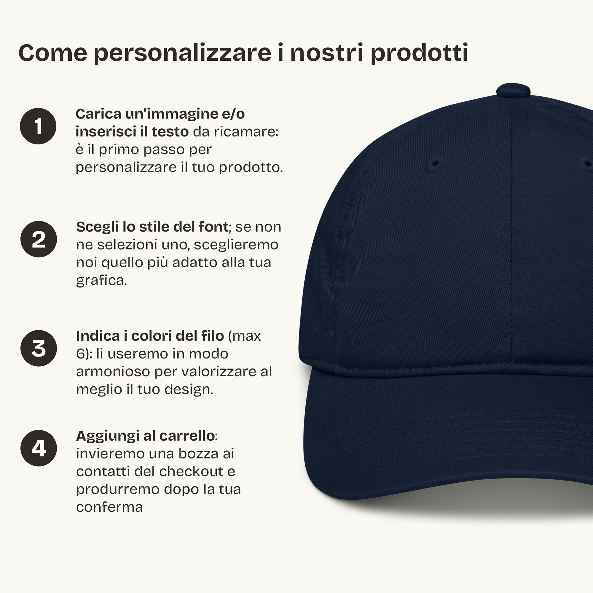 Istruzioni per personalizzare cappellini ricamati in tessuto organico, con dettagli su font e colori.